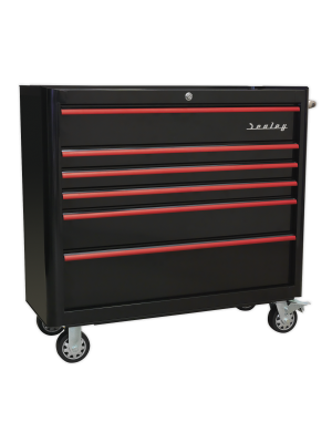 Rollcab 6 Drawer Wide Retro Style - Black with Red Anodised Drawer Pulls
