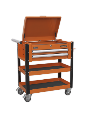 Heavy-Duty Mobile Tool & Parts Trolley 2 Drawers & Lockable Top - Orange