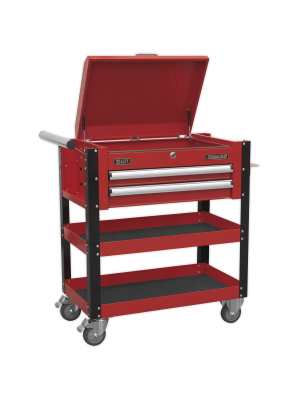 Heavy-Duty Mobile Tool & Parts Trolley 2 Drawers & Lockable Top - Red